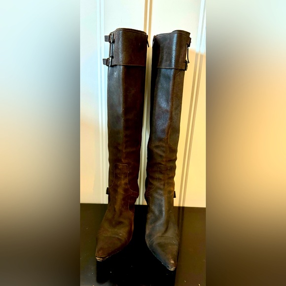 NEIMAN MARCUS Vintage distressed brown leather boots buckle detail ankle & top - Picture 1 of 11